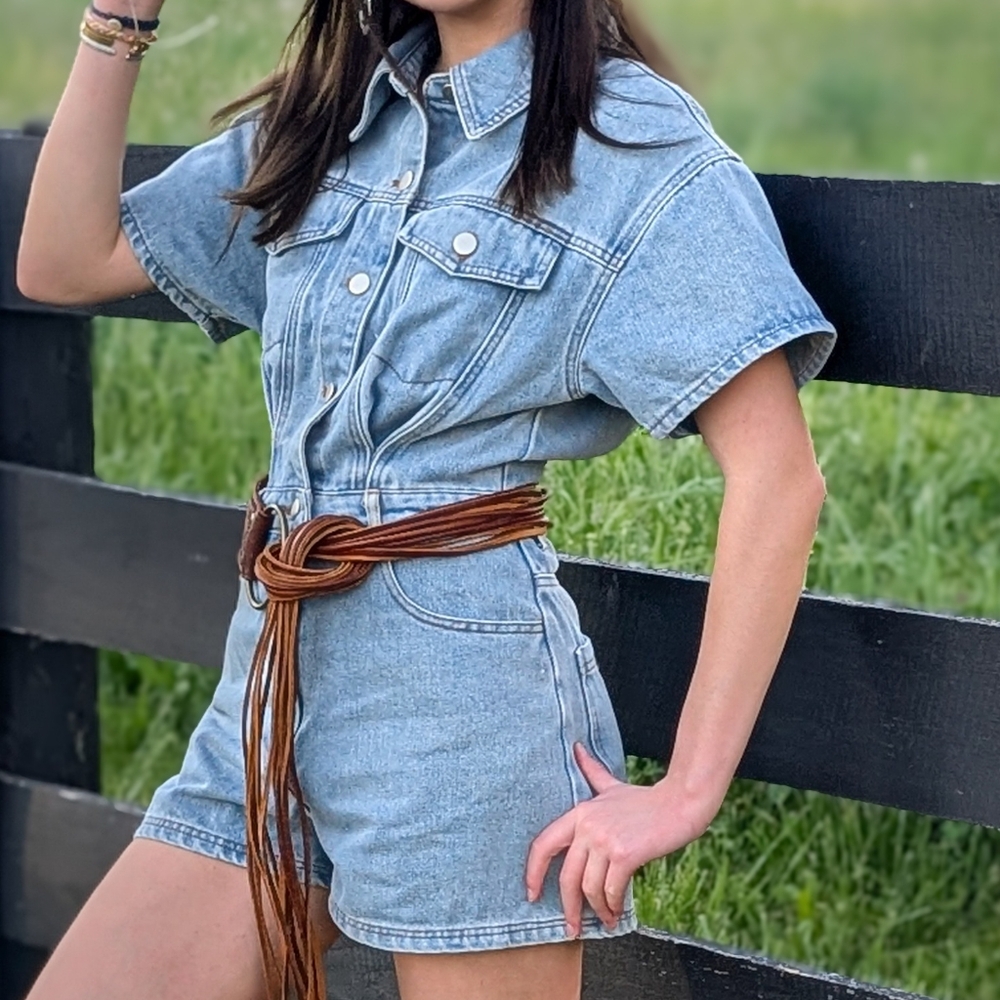 Denim Short Sleeve Romper with Brown Belt